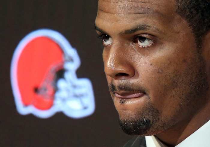 Cleveland Browns quarterback Deshaun Watson listens to questions during his introductory press conference at the Cleveland Browns Training Facility on Friday. Watsonpress 8